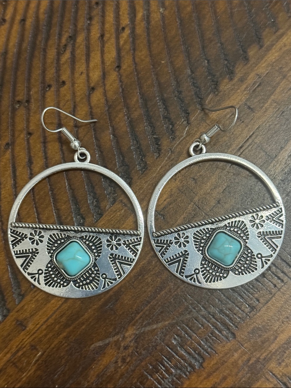 Turquoise Stone Silver-Tone Boho Hoop Earrings - Women Jewelry